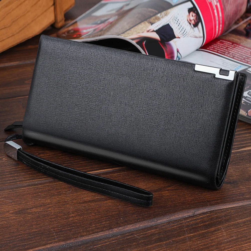 Portamonete lungo con cerniera Portafoglio da uomo multifunzionale in PU premium nero Portafoglio portaoggetti di grande capacità per carte contanti Monete ID