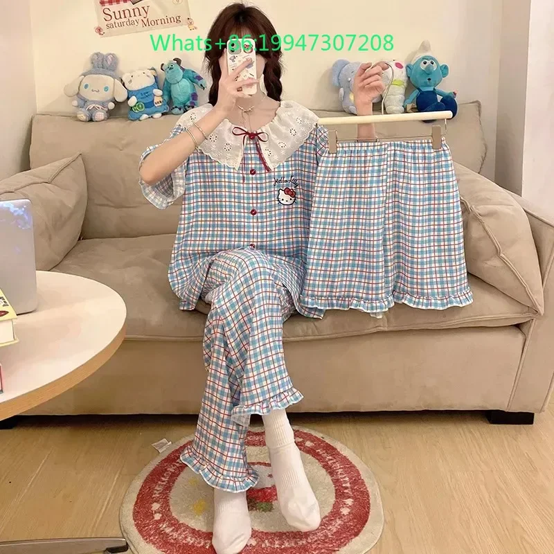 

Новинка 2023 года, летние милые пижамы Hello Kitty из чистого хлопка с подушечками на груди, три шорты с короткими рукавами, брюки, домашняя одежда Hello Kitty