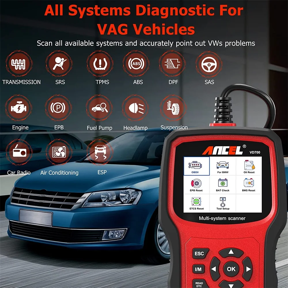 Ancel VD700 Car Diagnostic Tools Professional OBD2 Scanner ABS EPB TPMS DPF Full System OBD2 Code Reader for VAG VW Audi Skoda