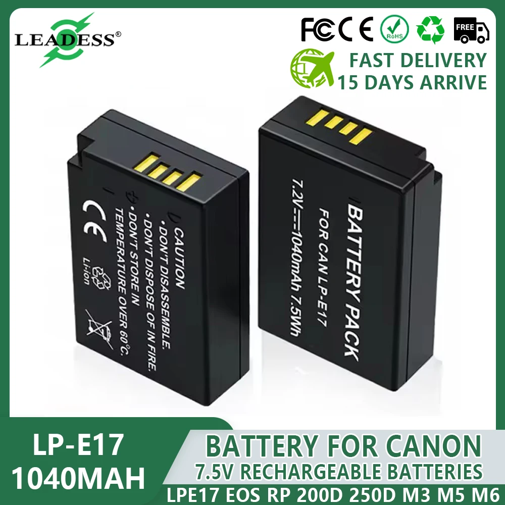 LP-E17 Camera Battery for Canon EOS R8 RP R50 200D 250D M3 M5 M6 750D 760D T6s 800D T8i LPE17 1040mAh Rechargeable Batteries