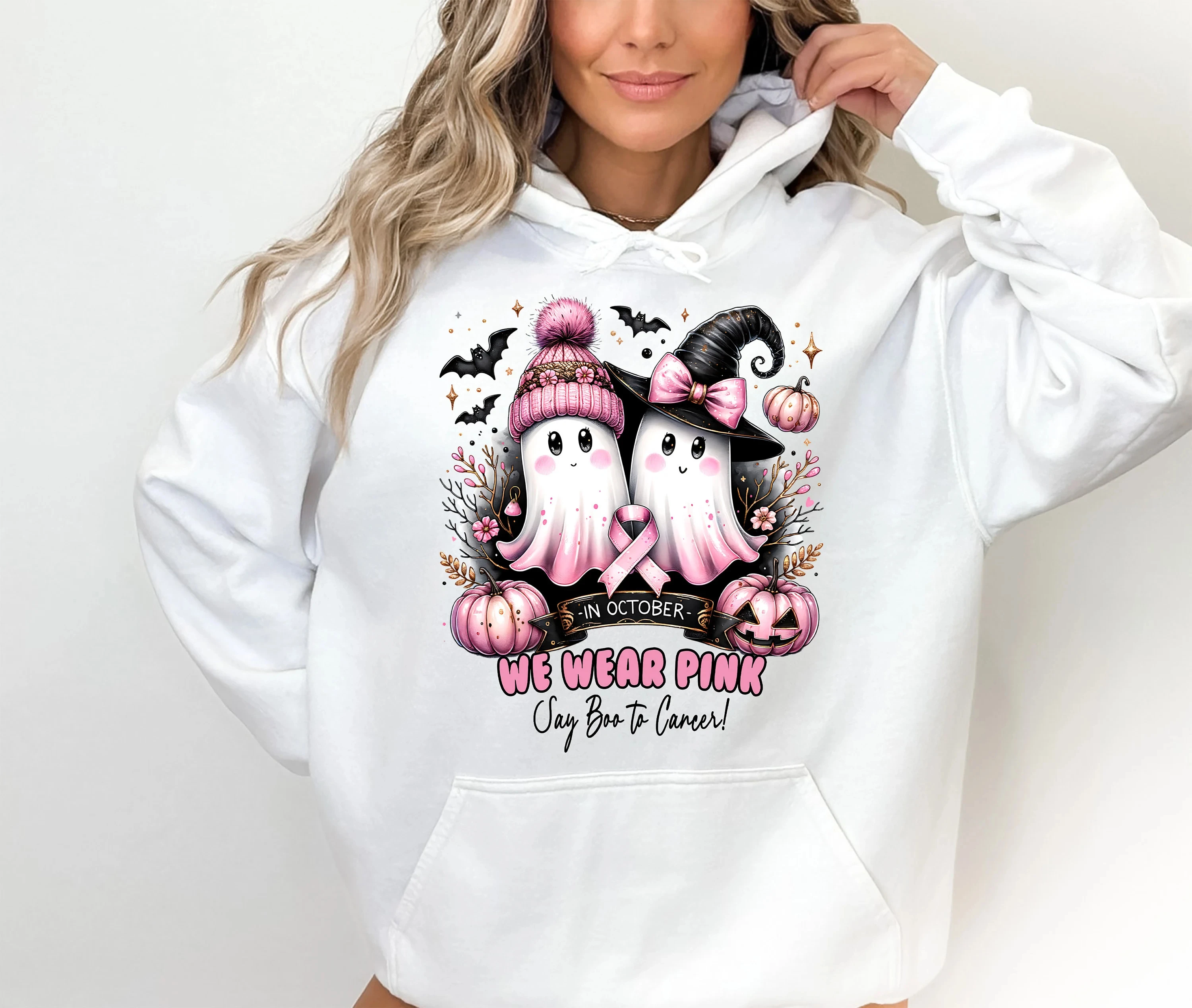 

In October We Wear Pink Ghost Hoodie Women Long Sleeve Sweatshirt Pullover Tops Unisex Autumn and Winter Clothing Streetwear