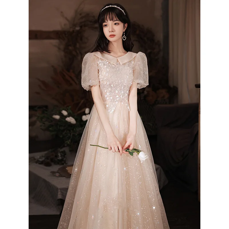 

Champagne Sweet Lapel Puff Sleeve Applique Back Zipper Evening Gowns Oriental Party Banquet Female Stage Dresses Cheongsam