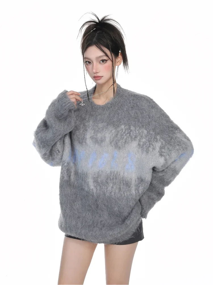 Pullover crew neck sweater gray women's American retro gradual change color top thickened warm autumn winter knitted versatile