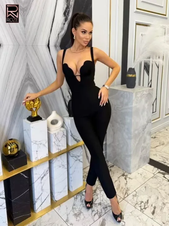 

High Quality Women Sleeveless Sexy Strap Bodycon Bandage Jumpsuit Celebrate Evening Party Nightclub Red Carpet Wear