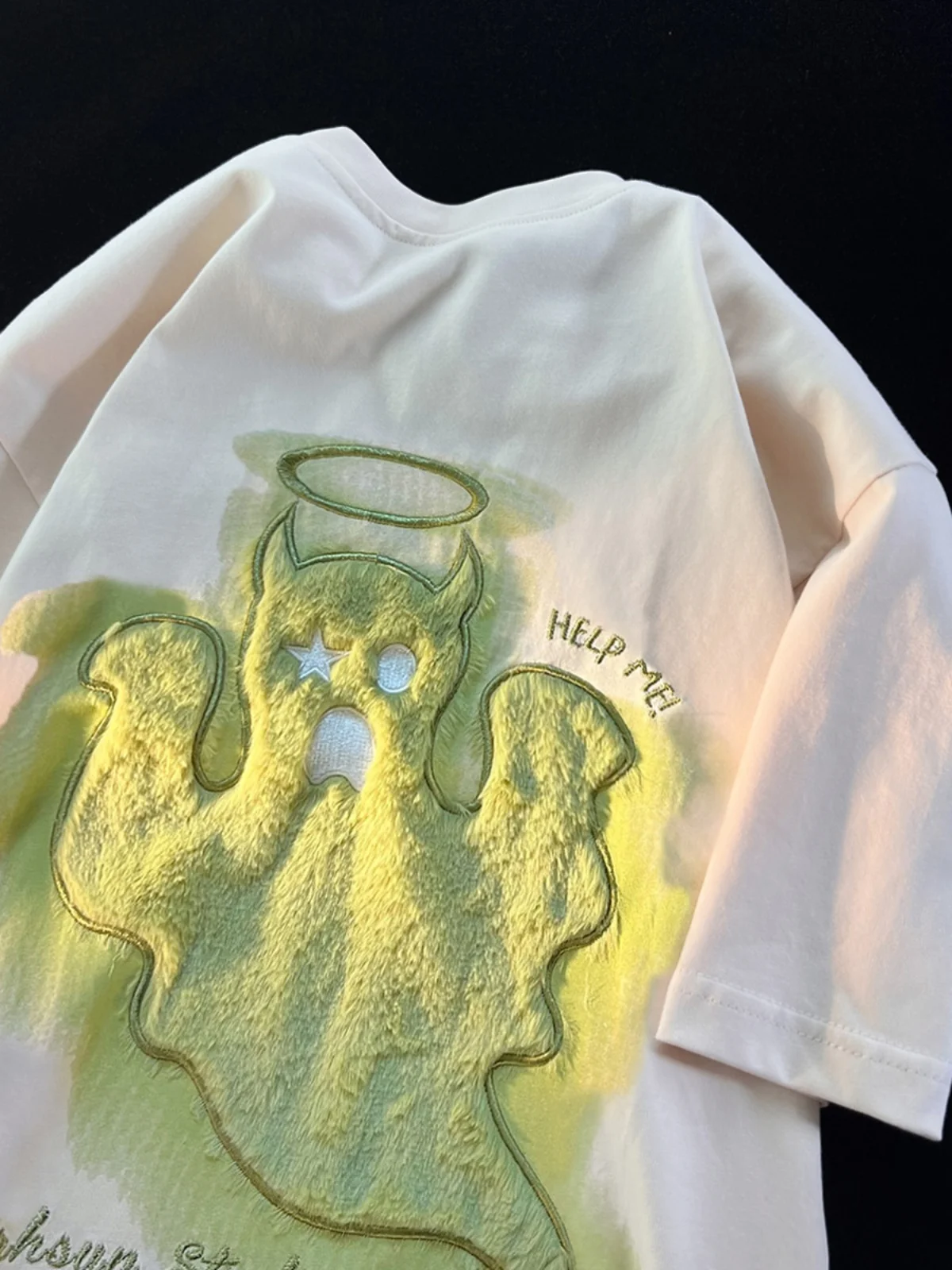 

Retro American Towel Embroidery Heavyweight Pure Cotton Loose Fit f Sve T-irt for Men Summer Faion Casual Tee