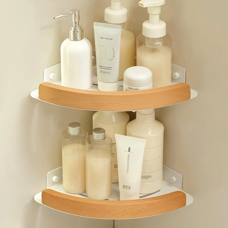 Holz-Aluminium Eckregal Shampoo-Aufbewahrungsregal Duschwandregal Badezimmer-Organizer Eckregal Dreieckiges Aufbewahrungsregal