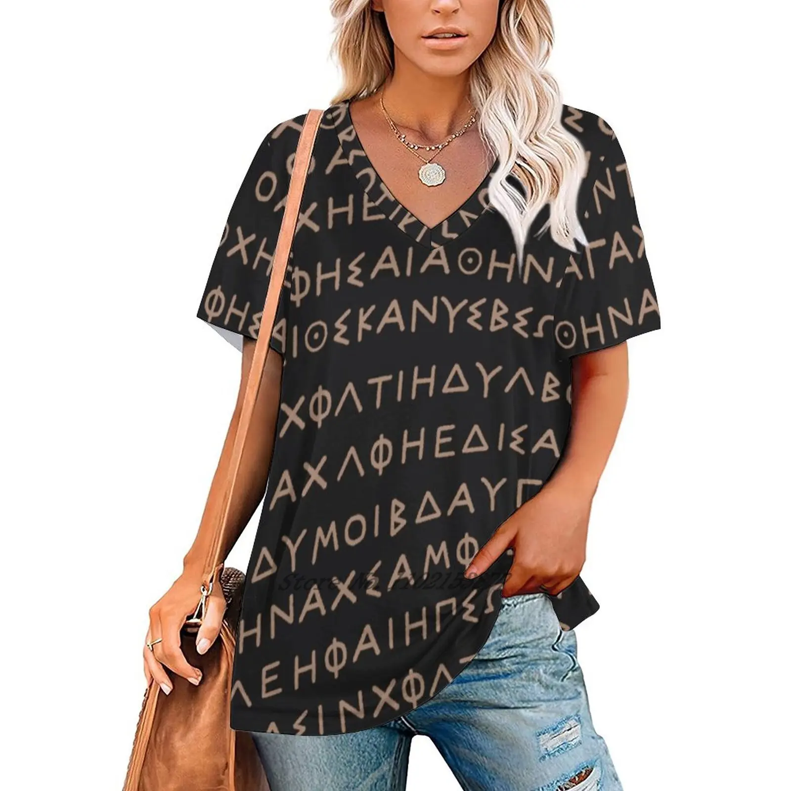 Ancient Greek Stone Zipper Sexy T-Shirt Casual Tops Hollow Pullover Ladies Top T Shirts Ancient Greek Trojan Alphabet Old