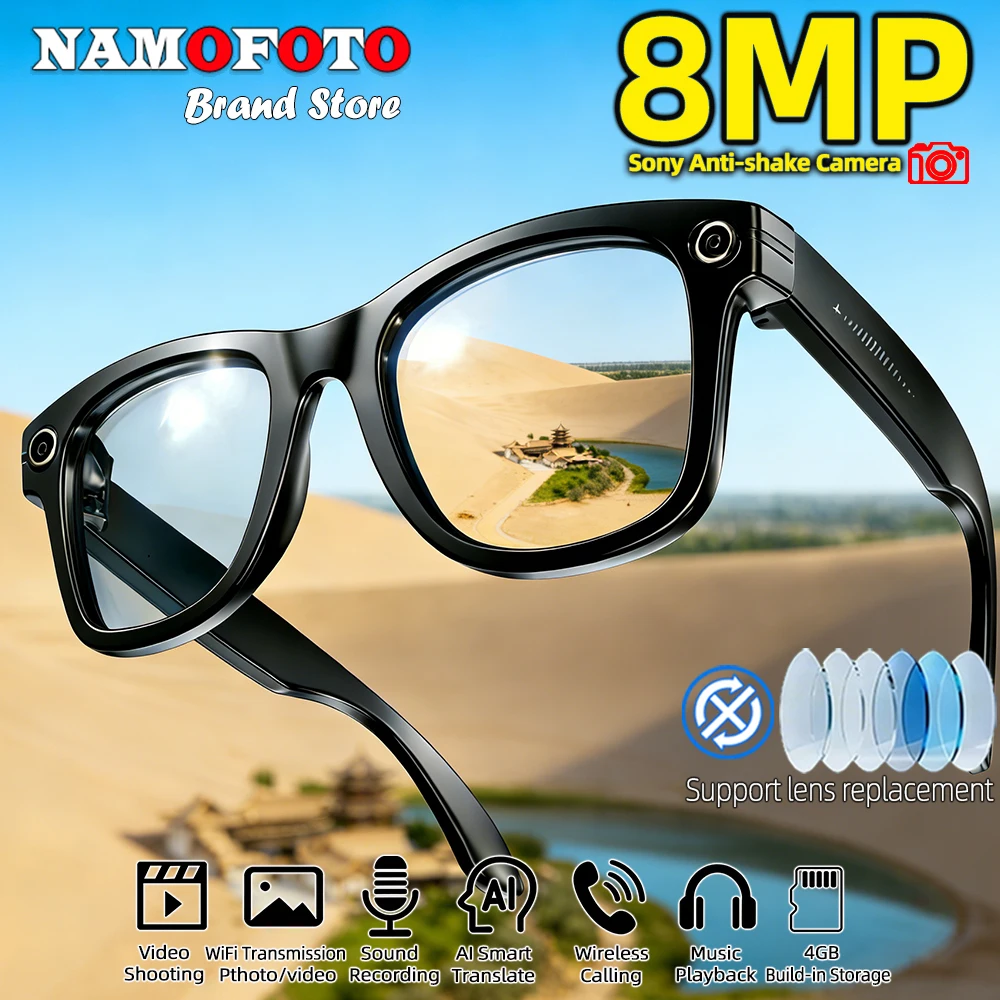 

2026 New AI Smart Glasses 8MP HD Camera Real-time Translation SI BT Call Music Play Photo Video Recording Men Women Sunglasses