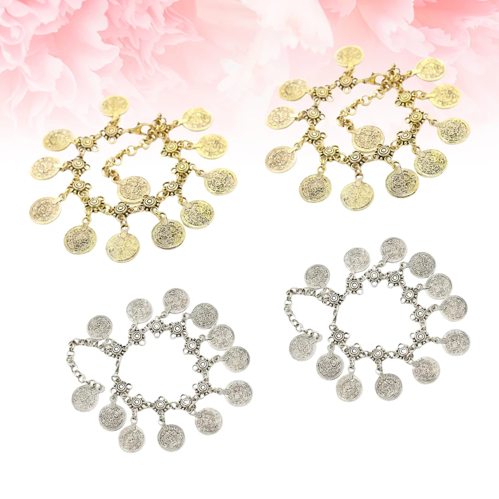 Tobillera con borla de moneda de Metal Retro, pulsera de cadena de pie a la moda Vintage, joyería para mujeres y niñas, accesorio diario para fiesta y boda, 4 Uds.