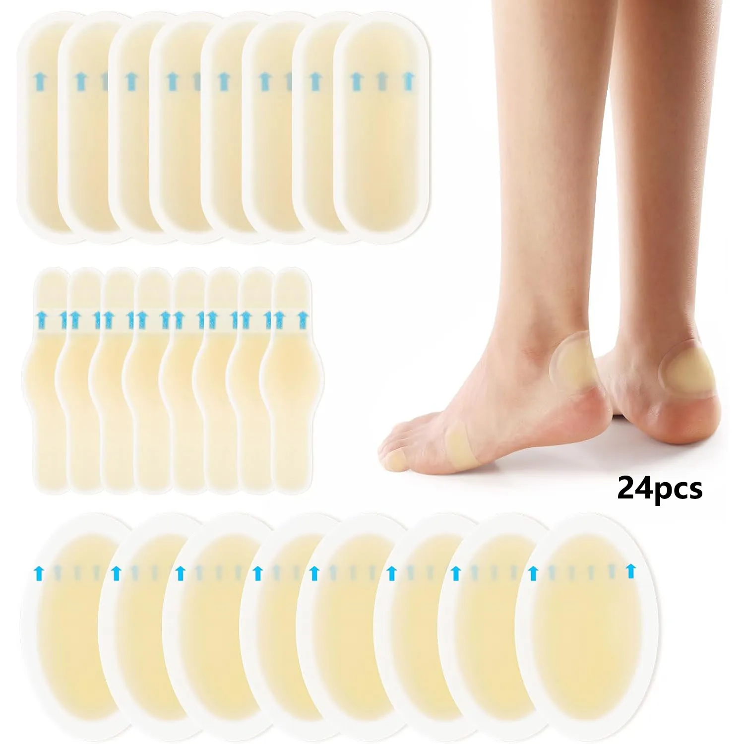 Gel Blister Bandages Blister Cushions - 24Pcs Water Resistant Hydrocolloid Bandages for Heel, Toe & Foot - Blister Pads