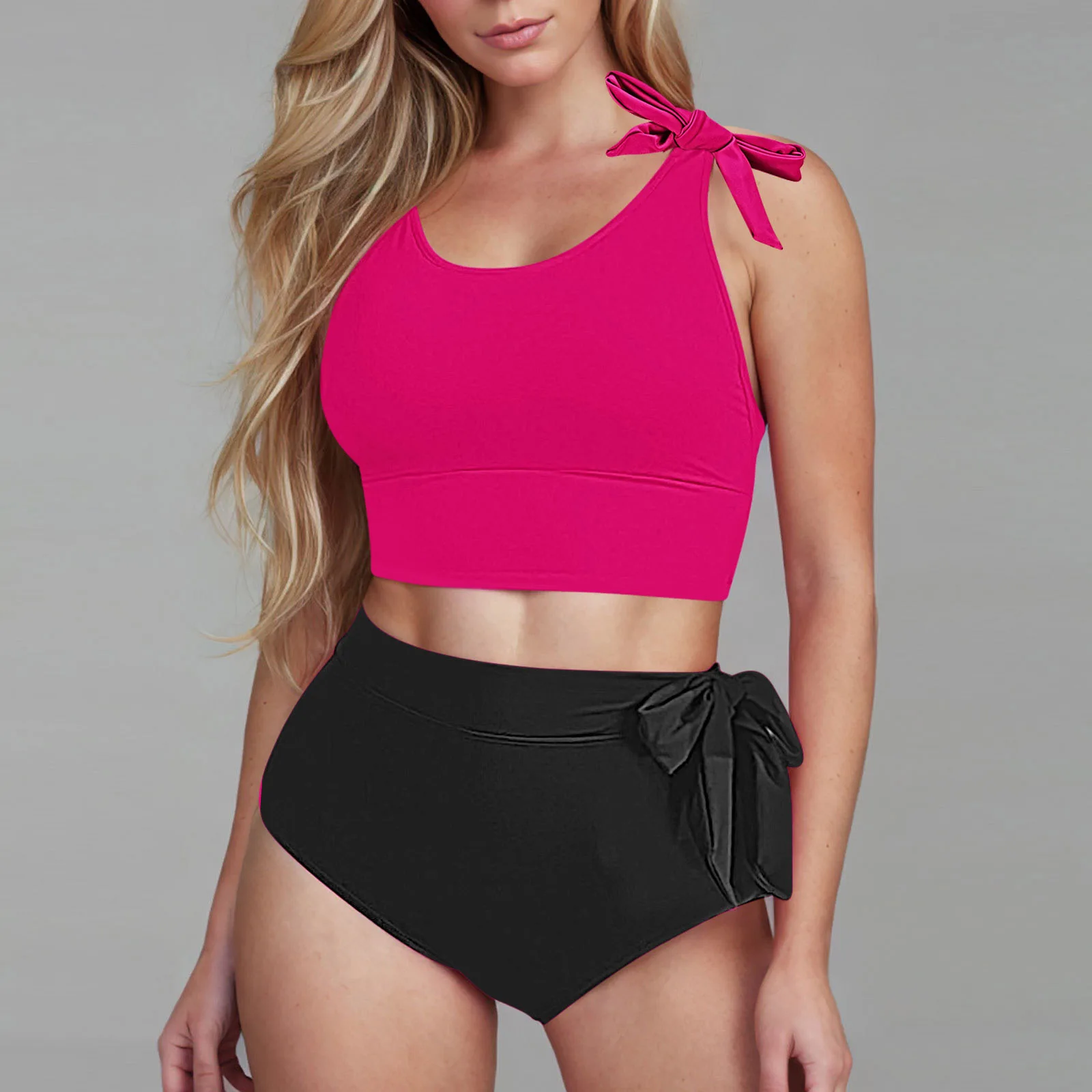 Retro Bow Bikini Set Solid Color High Waist Swimsuit Vintage Style Two Piece Bandage Panties Summer Holiday Beach Outfits Femme