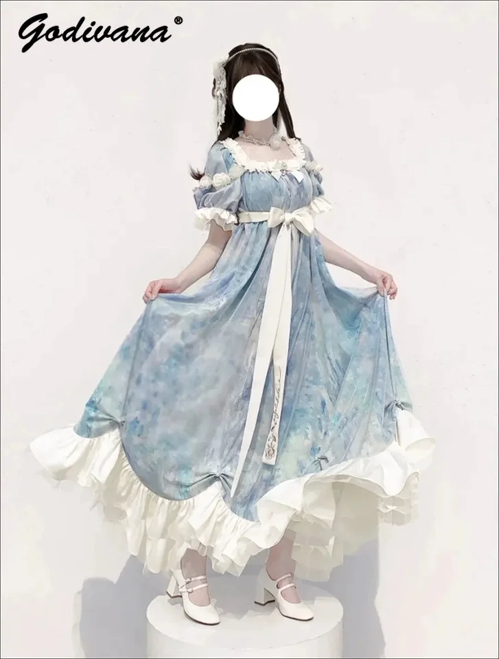 

Retro Court Style Square Neck Sweet Bow Printed Dress New Summer Women's Lolita Princess Long Dresses