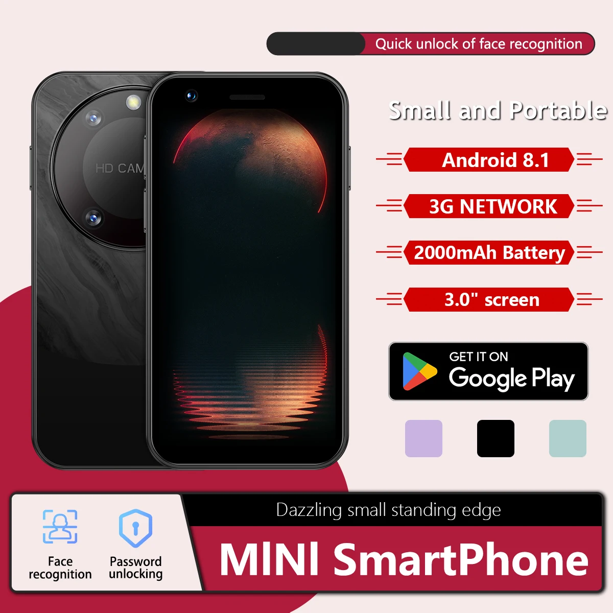 F8PROMAX Mini Android Smartphone, Dual SIM, 2+16GB Memory, Android 8.1, WiFi Connectivity, Full Network Compatibility
