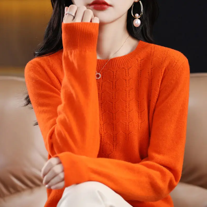 Autumn Winter Women\'s Clothing Round Neck Solid Color Pullover Lantern Long Sleeve Sweater Knitted Casual Elegant All-match Tops