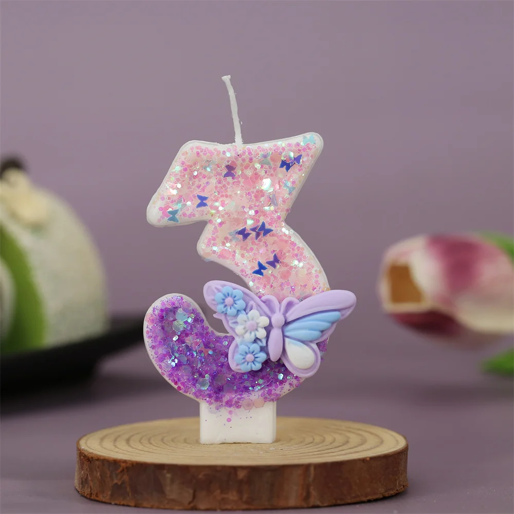 3D Cake Topper Candles Glitter Pink Purple Number Candles Birthday Party Butterfly Baby Shower Decoration Shiny Digit Candles