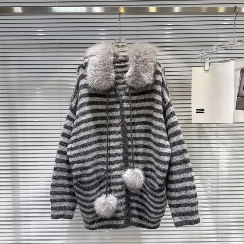 الأمريكية الرجعية معطف محبوك طويلة الأكمام فو الفراء س الرقبة المرأة عادية مخطط طباعة ثقافة فرعية معطف زر الرجعية النساء الملابس #1