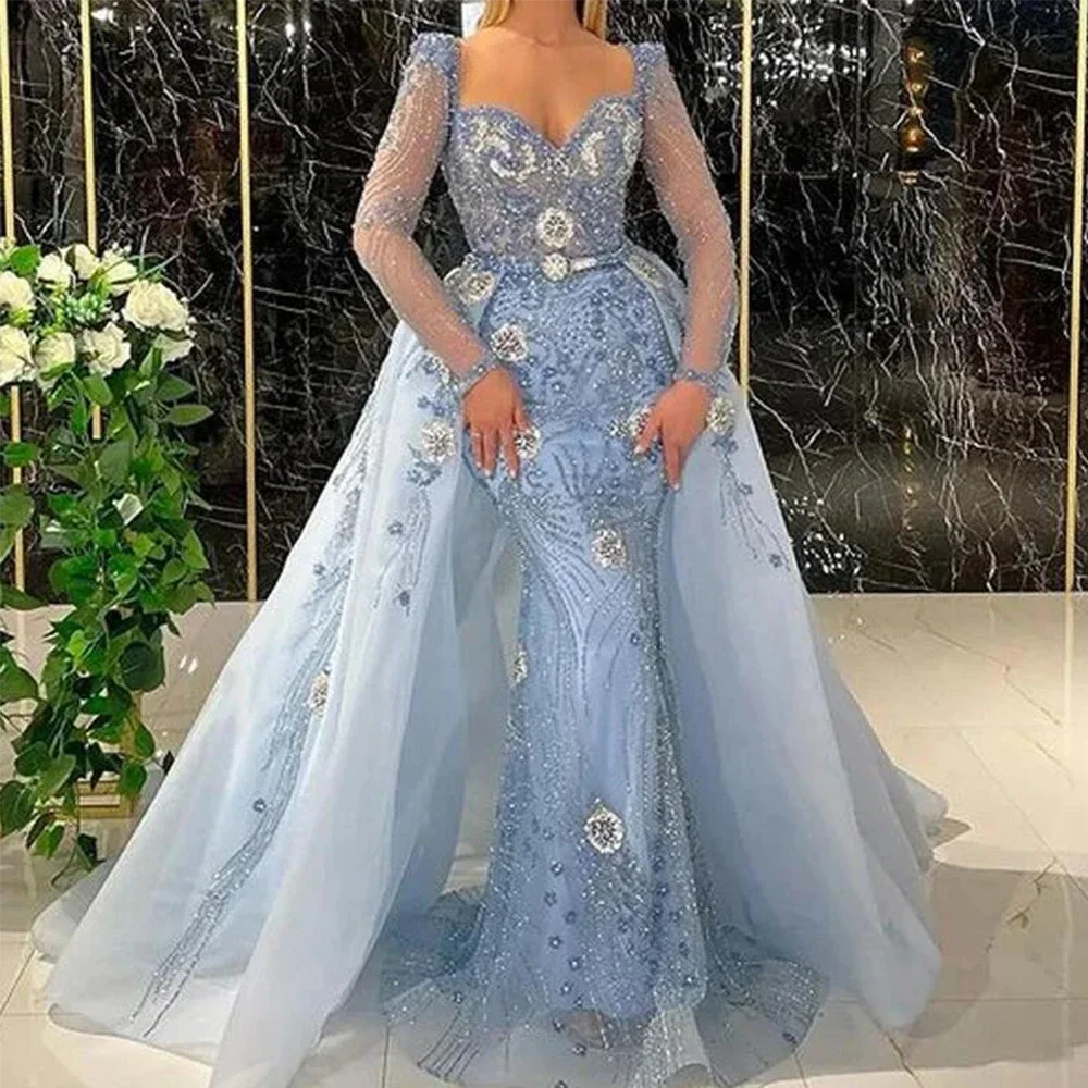 

2024 Sparkly Mermaid Prom Dresses Long Sleeves Sweetheart Beading With Ruffle Tulle Detachable Train Evening Gown Robe De Soirée