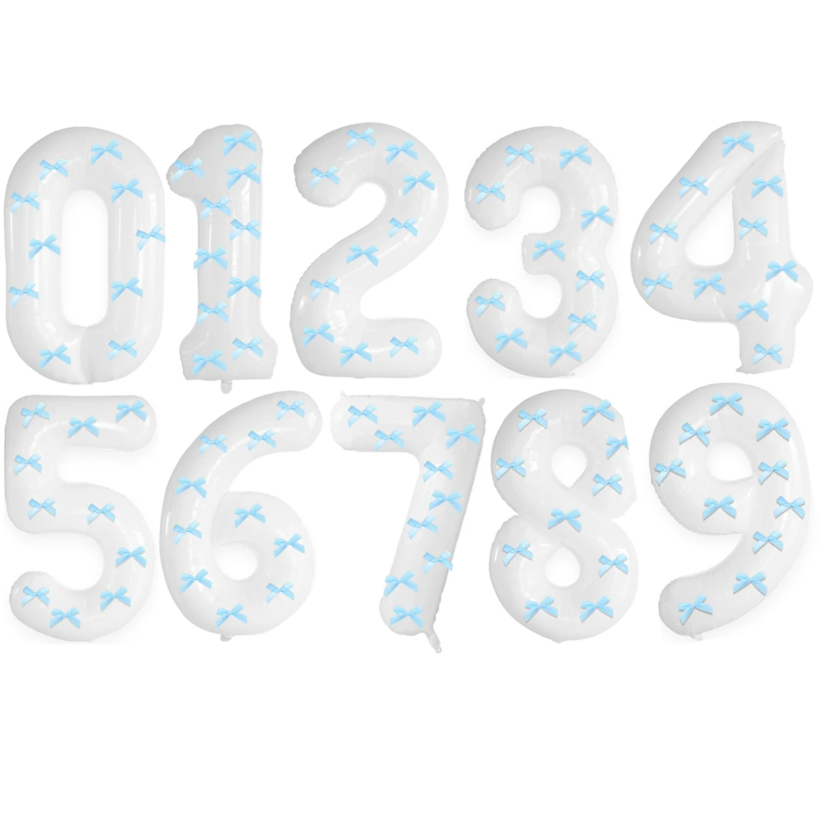 32-inch white aluminum foil digital balloon+10PCS Sky blue bow set, birthday party decoration, large size 0-9