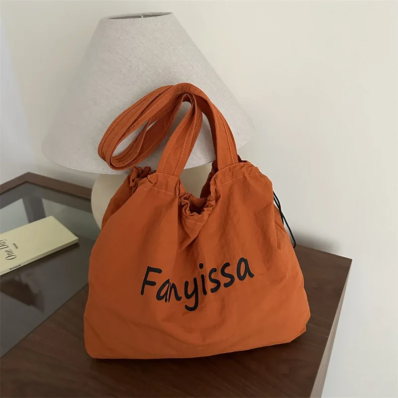 Large Capacity Drawstring Nylon Shoulder Bags for Women Letter Print Casual Ladies Handbags Tote Travel Commuter Girl Armpit Bag