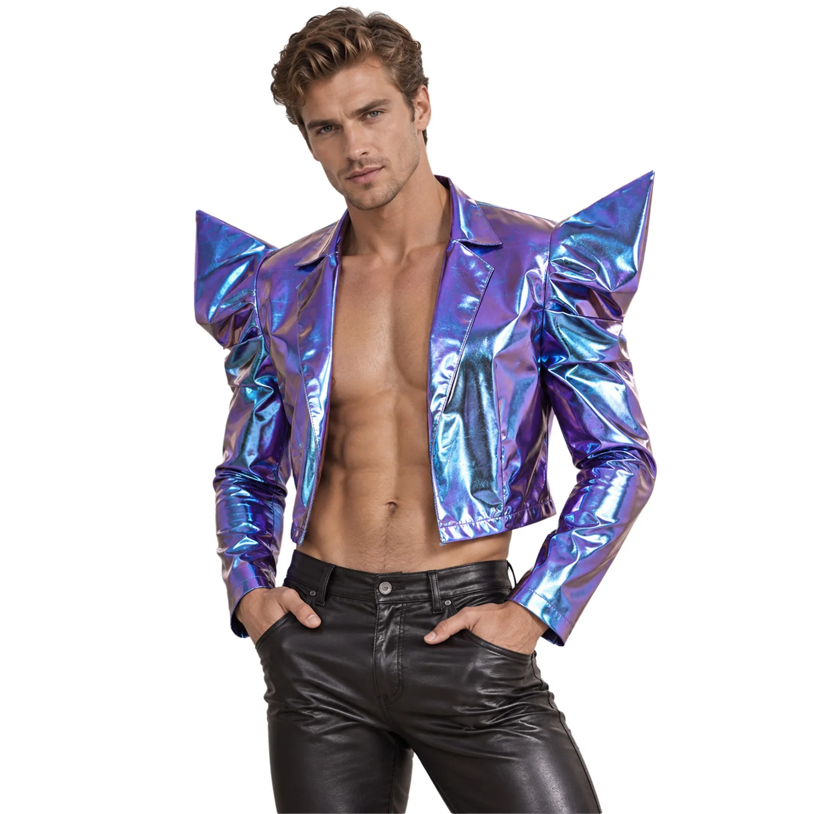 Mens Shiny Metallic Cropped Jacket Tops Iridescent Hologram Spike Shoulder Lapel Blazer Outerwear Rave Halloween Hip Hop Costume