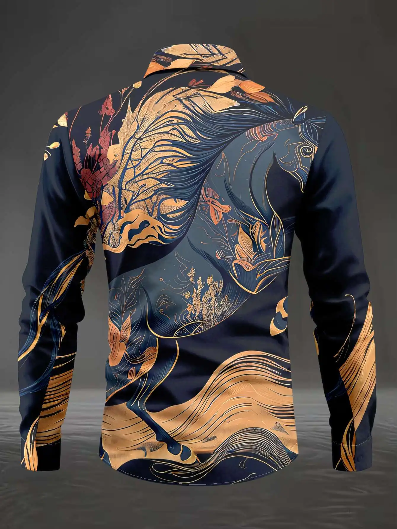 Men Long Sleeve Button Down Shirt Dark Base Golden Leaf Abstract Print Polyester Lapel Collar Casual Party