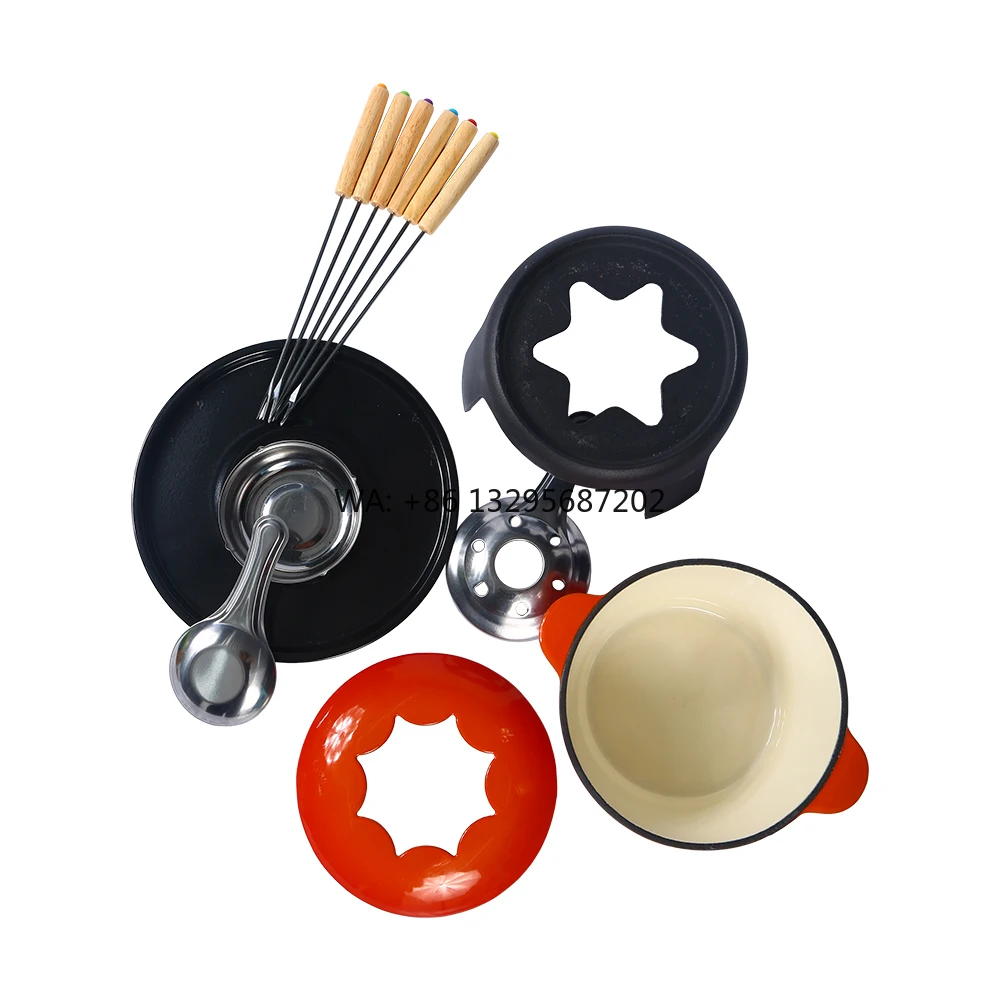 

Эмалированный чугунный набор для фондю с подставкой для вилок и горелкой для сыра и шоколадного фондю для дома и вечеринки