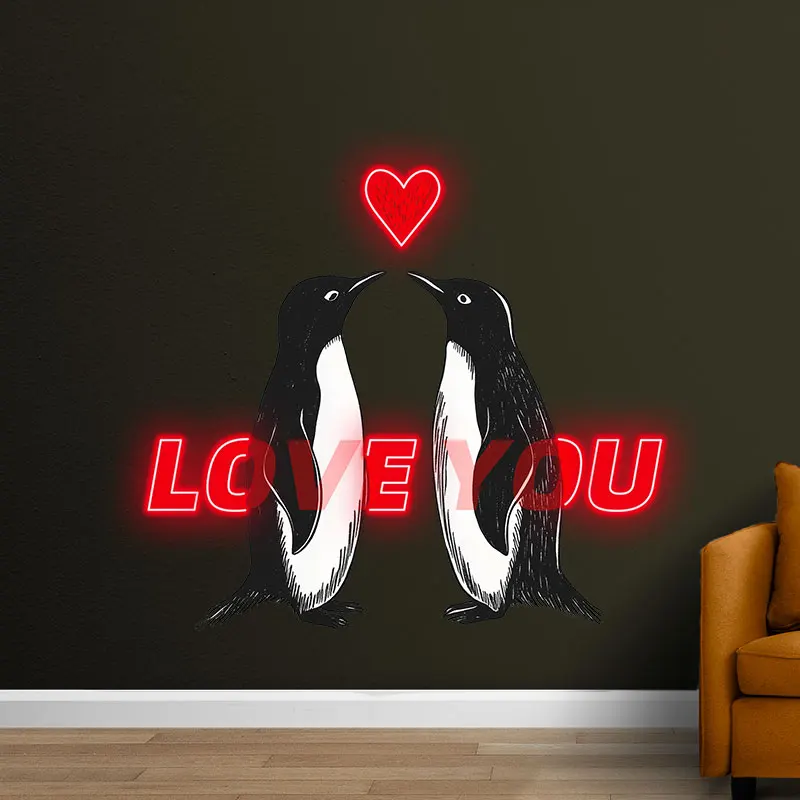 Romantic Penguin Neon Light Sign - Adorable Love Design with Heart & 'Love You' Message, Perfect for Valentine's Day, Weddings