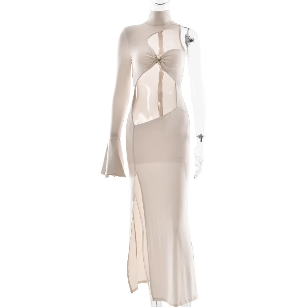 TWOTWINSTYLE Franse Sexy Uitgesneden Jurken voor Vrouwen Coltrui Lange Mouw Uit Een Schouder Hoge Taille Split Chic Lange Jurk Vrouwelijke