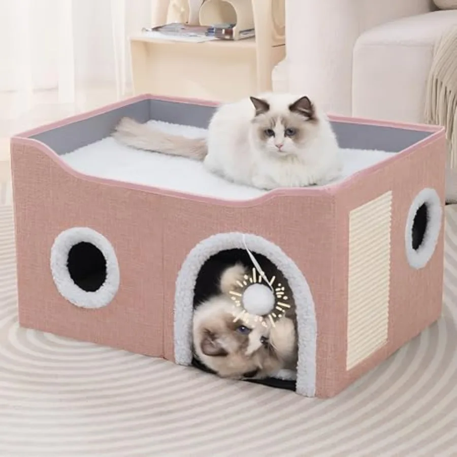 

Cat Houe for Indoor Cat - arge Cat Bed Cave with cratch Pad and Fuffy Ba, Fodabe Cat Condo Hideaway with Reveribe Cuhion for Mu