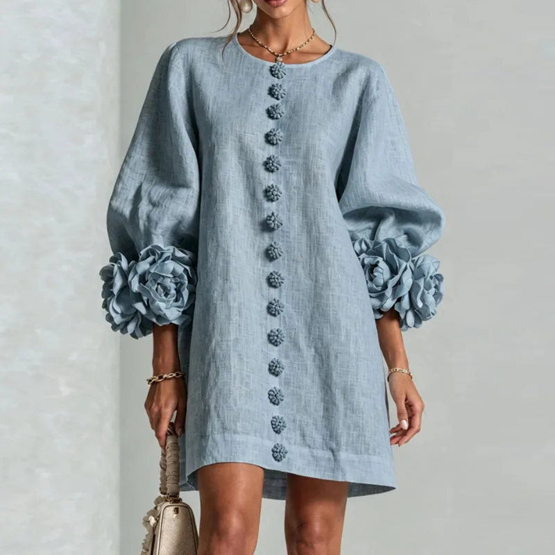 Elegant Solid Dresses Women Round Neck Lantern Sleeve 3D Flower Cuff Decorative Button Loose Short Dress Casual Streetwear Dress