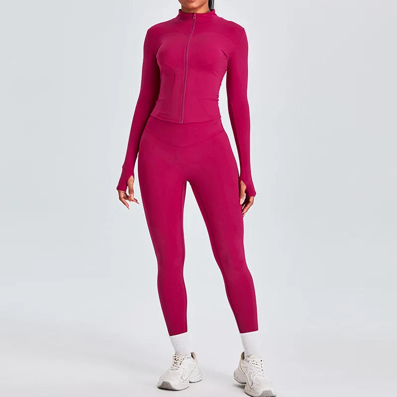 2PCS Women Yoga Set Workout Clothes Long Sleeve Jacket Gym Crop Top High Waist Leggings Fitness Sports Wear Sport Suit Gymwear