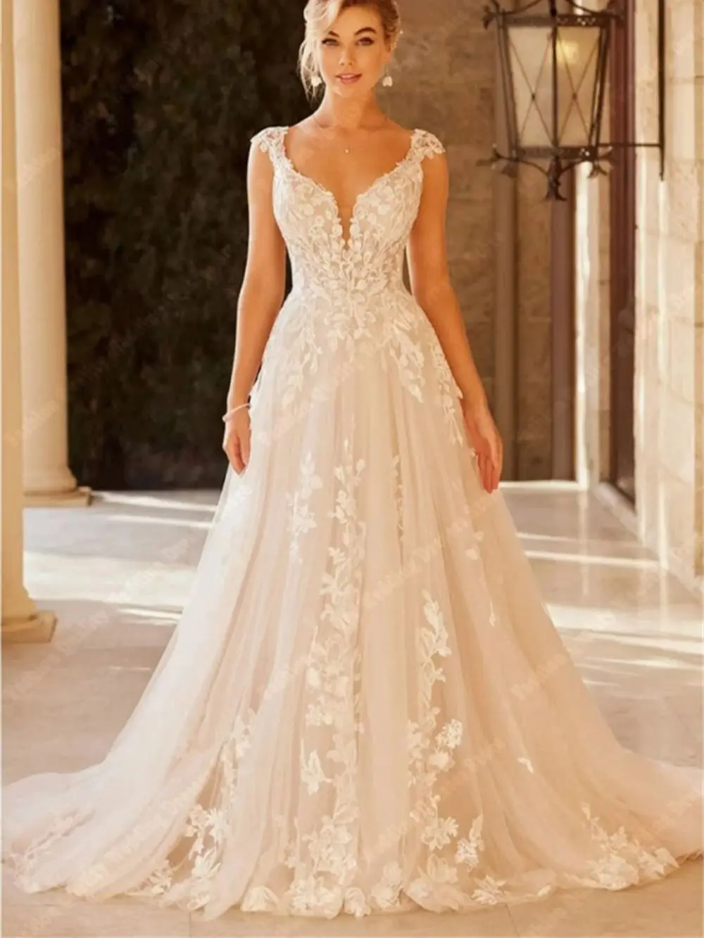 Vestidos De Novia De encaje con cuello en V profundo para mujer, calcomanías brillantes, adornos De Novia, tul brillante, nuevo