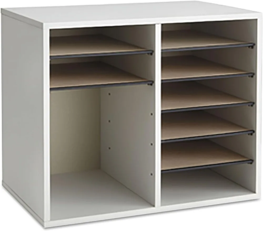 12-Compartment Adjustable Literature Organizer with Stackable Design, Gray Wood Mail Sorter for Office and Classroom Use