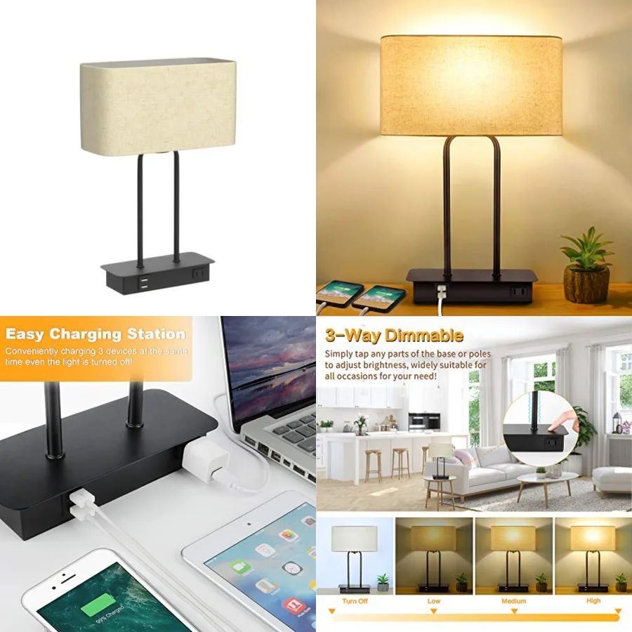 

3-Way Dimmable Touch Control Table Lamp with 2 USB Ports and AC Power Outlet Modern Bedside Nightstand Lamp Fabric Shade and Me