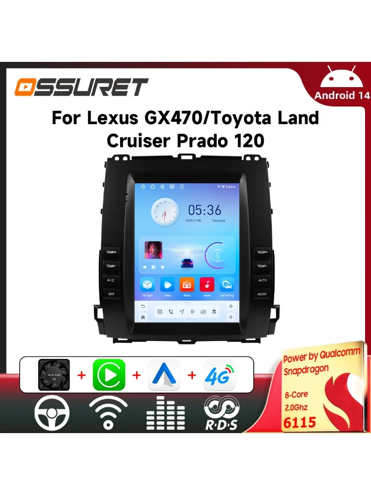 9,7'' Auto-Radio-Multimediaplayer für Toyota Land Cruiser Prado 120 Lexus GX470 2002-2009 Auto-GPS Kabelloses Carplay 6115 Headunit