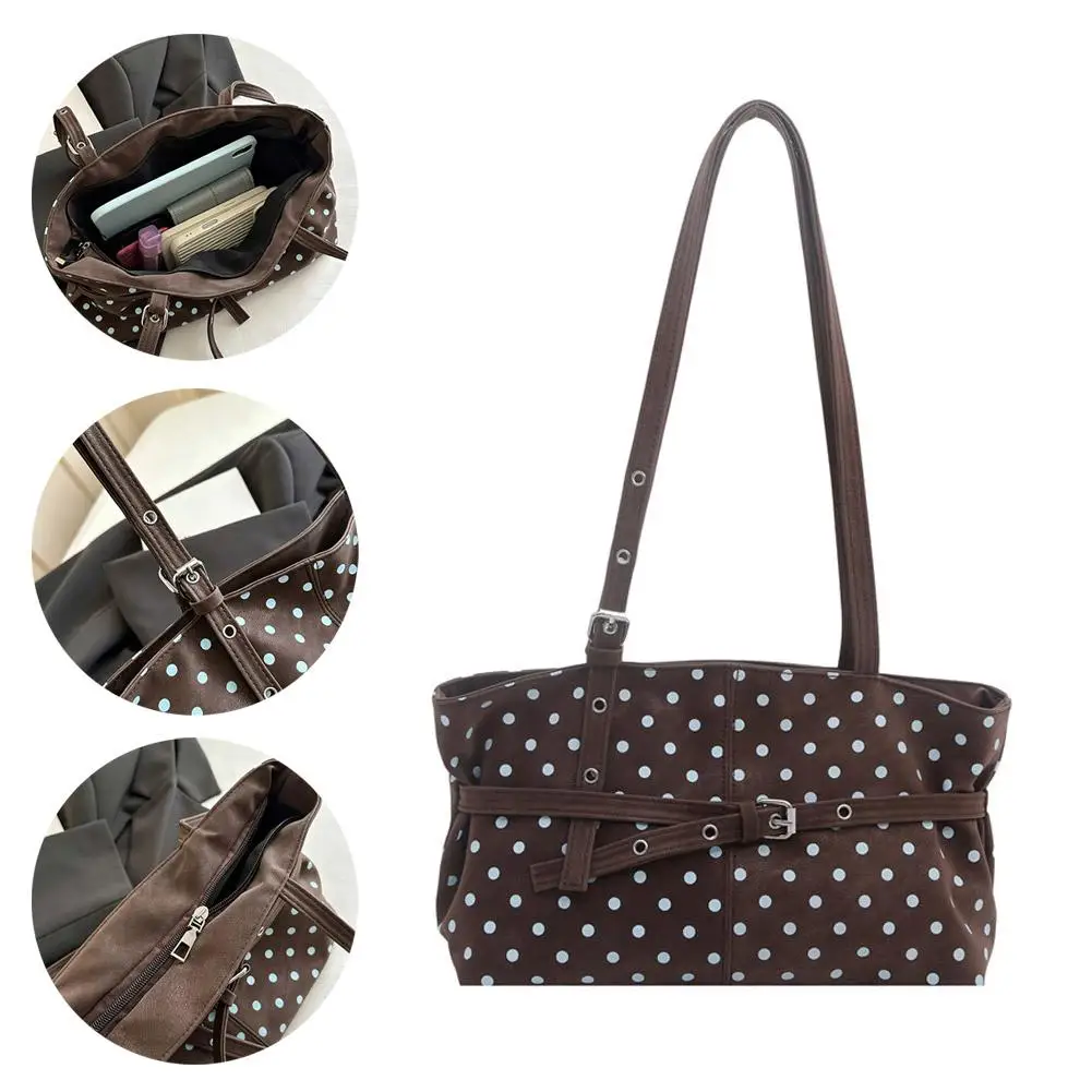 Damen-Tragetasche mit Polka-Dots, große Kapazität, Schulterhandtasche, Vintage, lässig, für Pendler und Einkäufe – Detail 25