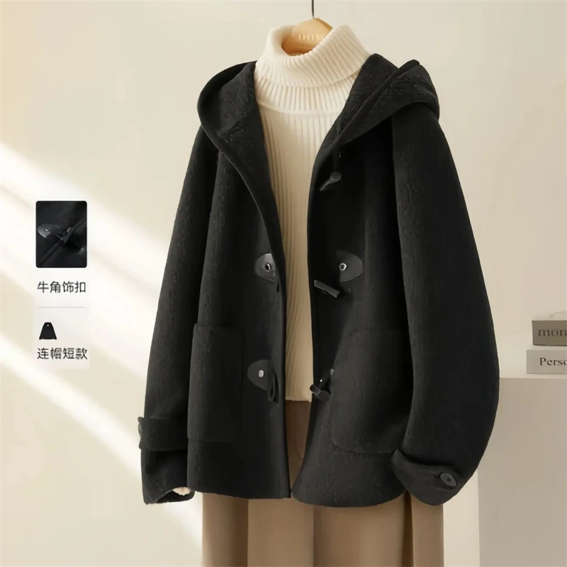 

Fashion New Fall/Winter Joker Horn Button Hooded Woman Woolen Coat Long Sleeve Pocket Black Gray Female Casual Top