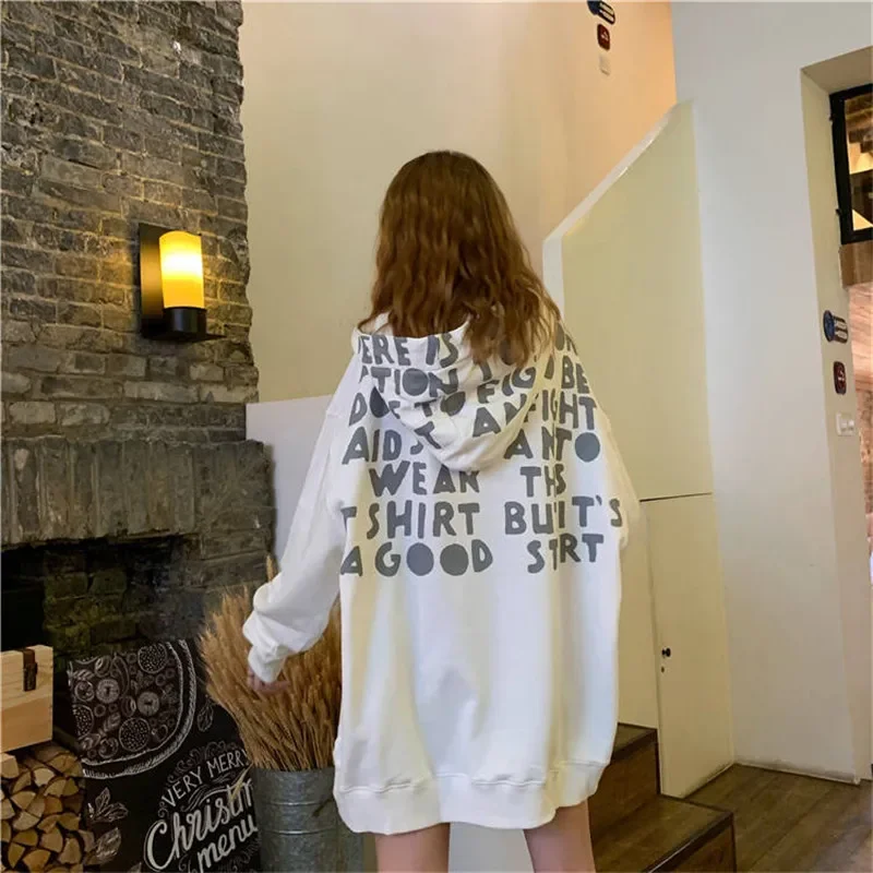 Hip Hop Hooded Funny Korean Style Tops Women Casual O-neck Autumn Long Sleeve Letter Print Hoodies Female Streetwear Girls Tide