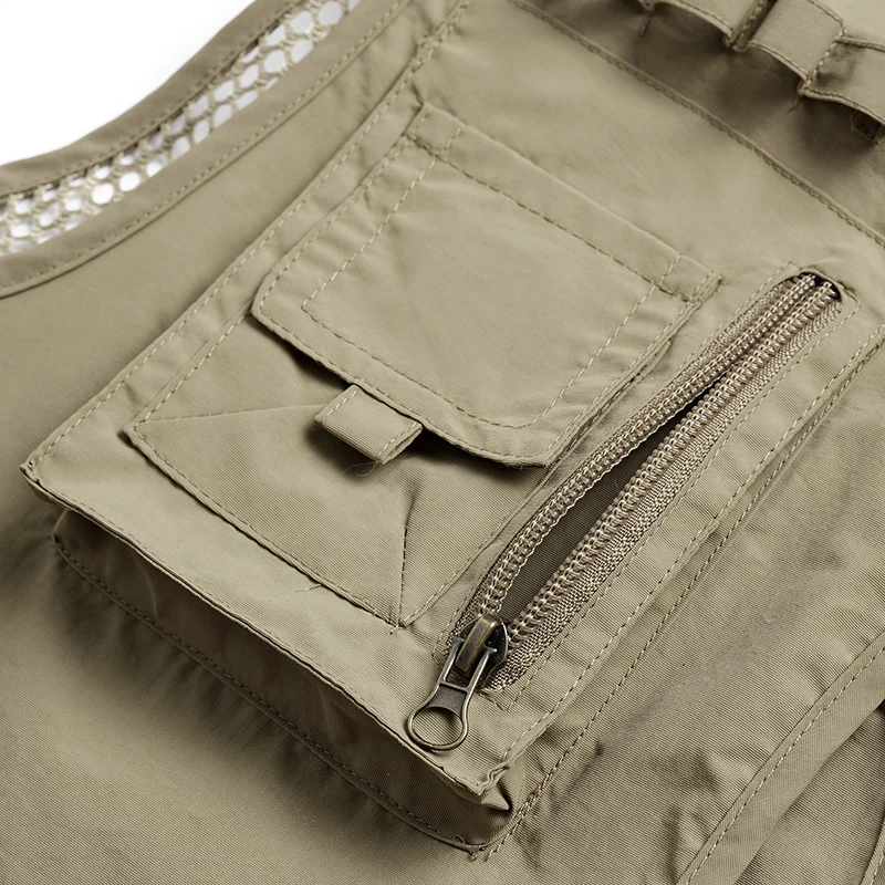 Neue, leichte Sommerweste aus atmungsaktivem Netzstoff, die schnell trocknet, für Herren, mit mehreren Taschen, als Angelweste oder Freizeitweste geeignet, mit ausgeschnittenen, übergroßen Schulterpartien. – Detail 10