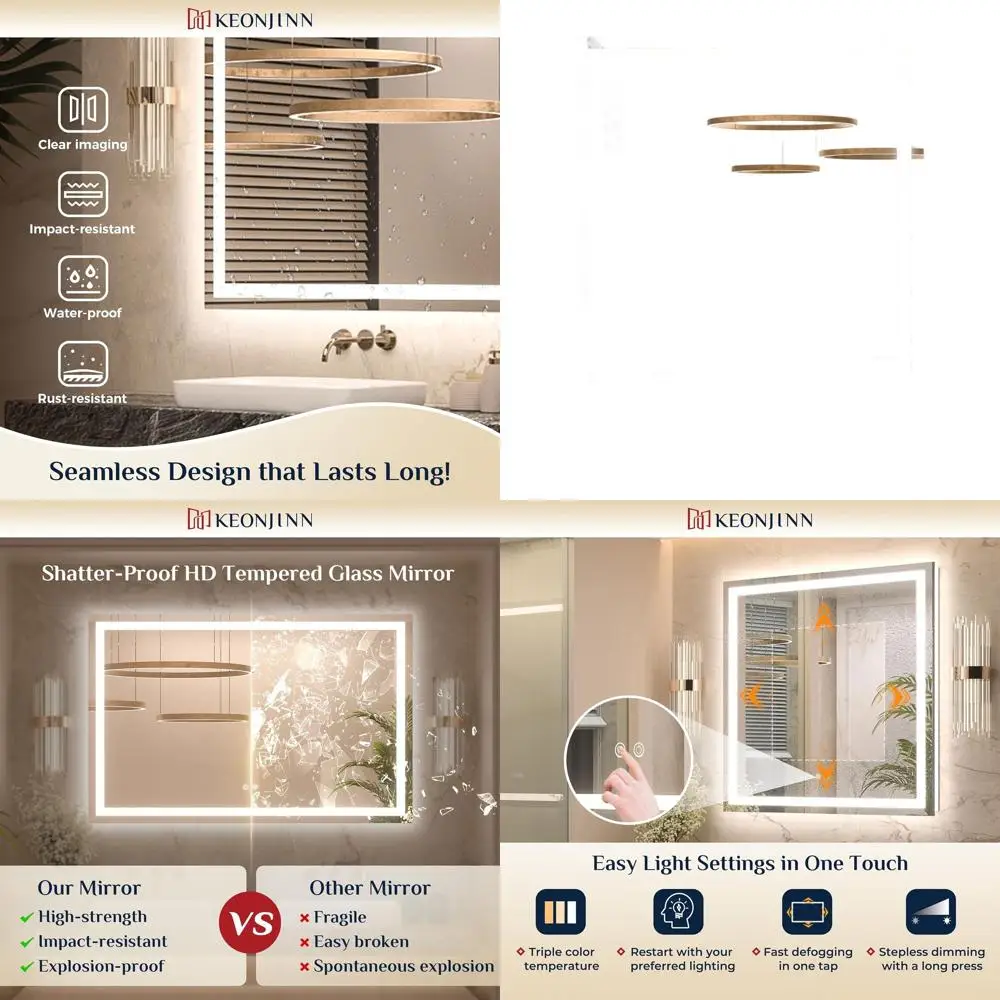 مرآة حمام LED مقاس 30 × 30 بوصة مع إضاءة أمامية وخلفية، أضواء 3 ألوان قابلة للتعتيم، زجاج مقسى مضاد للضباب، معتمد من UL #1