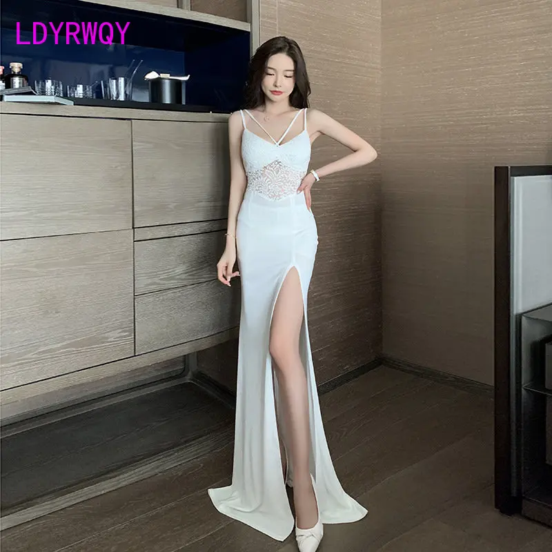 Sexy deep V low-cut lace perspective condole dress bare back slim body wrap open vent mop