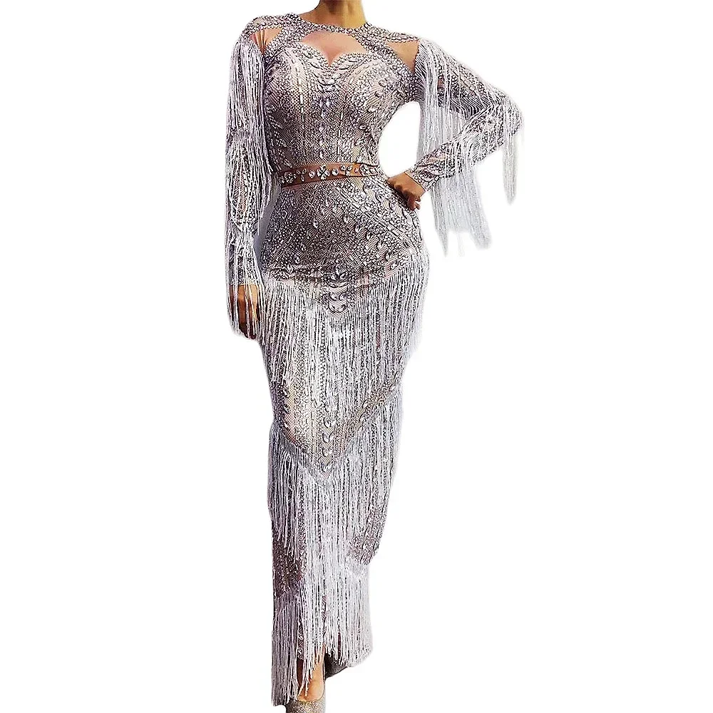 Glanzende strass damesjurk wit kristal kwastje uitgehold split vloerlengte strakke stretch nachtclubkostuums drag queen