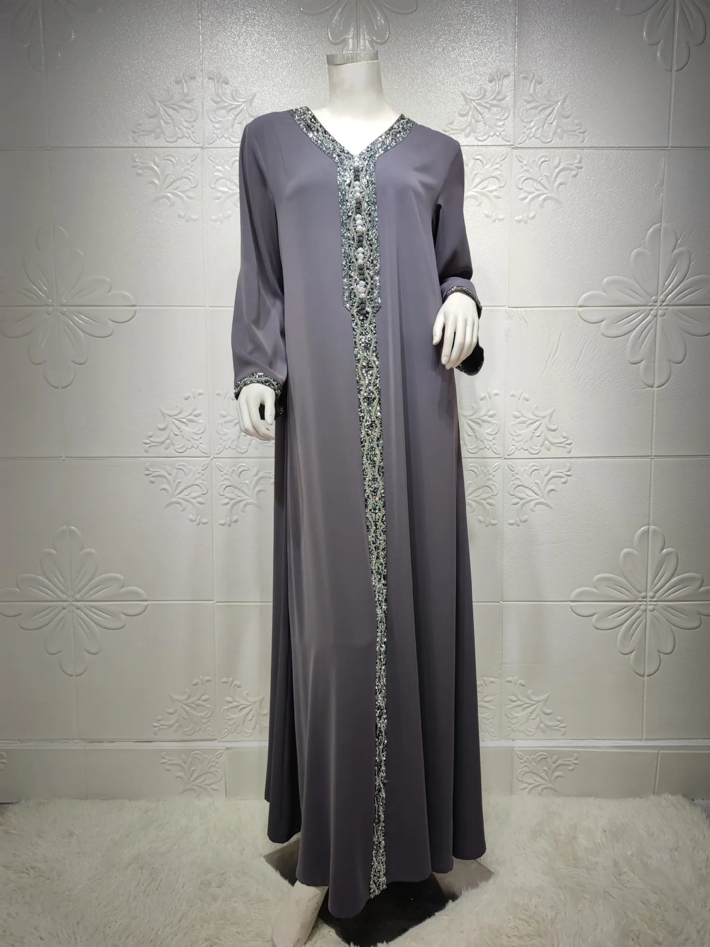 Imagem -06 - Vestido Muçulmano Monocromático com Decote em v para Mulheres Vestido Longo Strass Vestido Kaftan Marroquino Jalabya Árabe Dubai Omã Qarab Turco Abaya