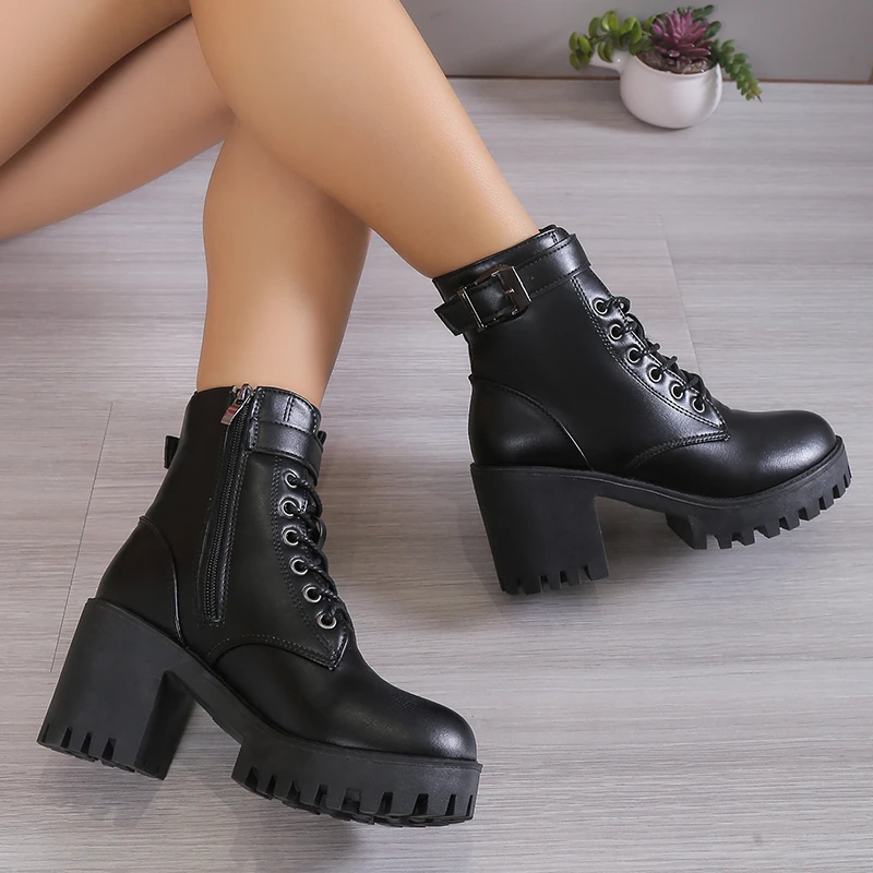 Winter New Fashion Comfortable Elegant Square with Women\'s Shoes Side Zipper Round Head Solid Color Simple Thick Heel Boots