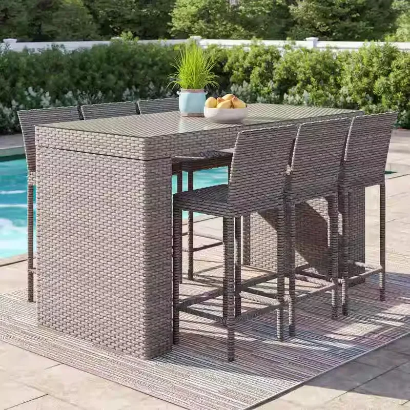 Outdoor Rattan Bar Table and High Stool Set Patio Courtyard Leisure Furniture for Restaurant Cafe Garden