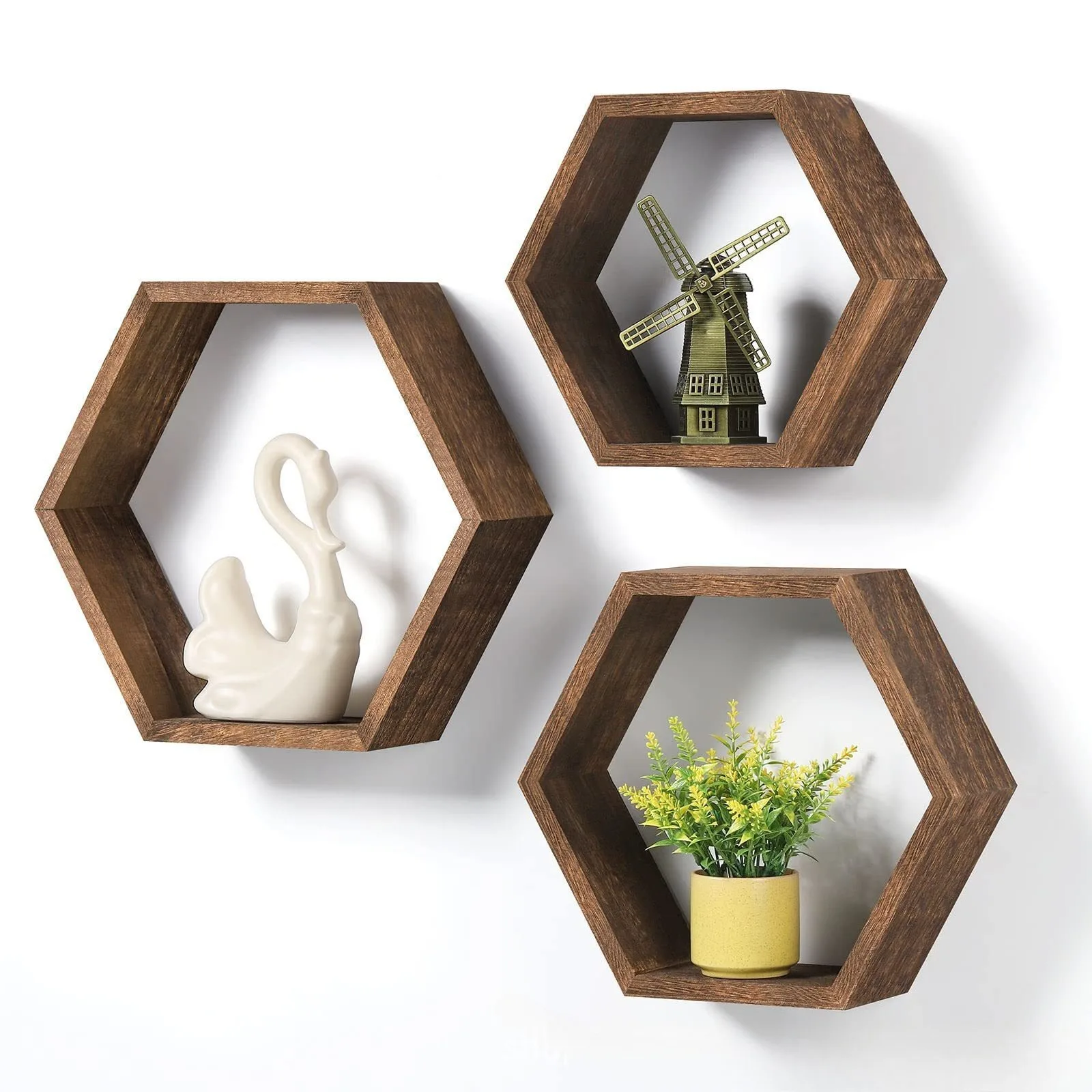 3 PCS Hexagonal Floating Wall Shelf Wooden Wall Mount Storage Rack Home Decor Organizer for Bedroom Bathroom Living Room Gift