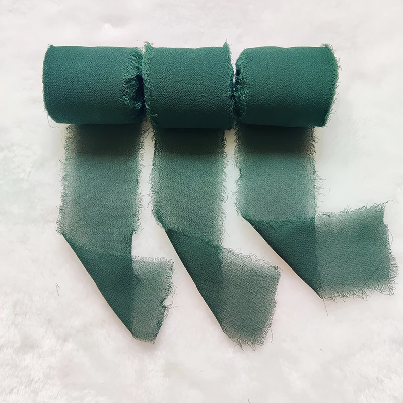 3 Rolls Dark Green Fringe Chiffon Silk Ribbon Handmade Frayed Edges for Wedding Invitations Gift DIY Craft Bow Wrapping Ties