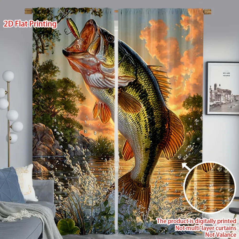 2pcs Fishing Curtains Bass Fish Jumping Water Scene Print Drape Man Cave Outdoor Theme Window Treatment Sporty Home Decor Panels