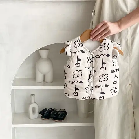 2024 겨울 여아 양털 조끼, 플라이 슬리브 플라워 프린트, 두꺼운 따뜻한 카디건 조끼, 외투 의류, 0-3 세 신생아