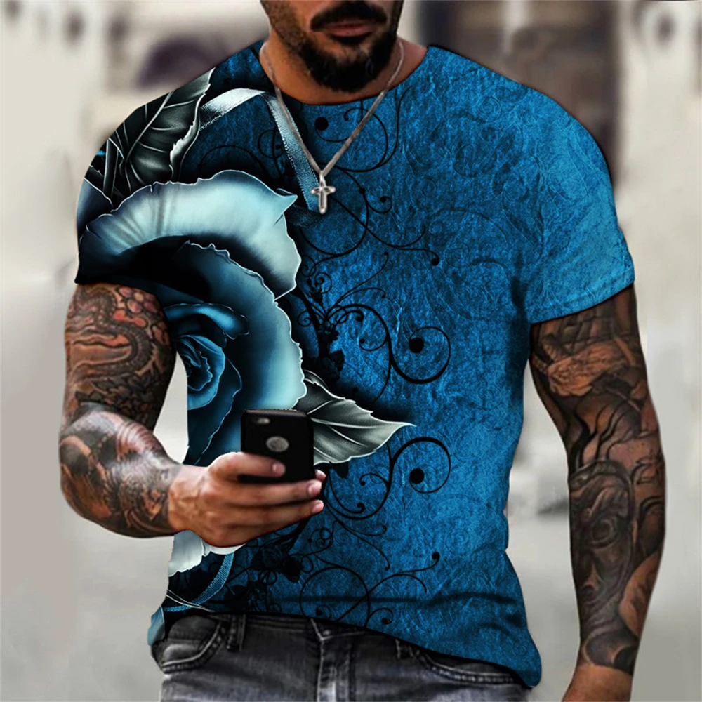 2023 Summer Men T-shirt 3D Graphic Bright Rose Print Vintage T Shirt Men Women Tshirt Casual Short Sleeve O-neck Streetwear